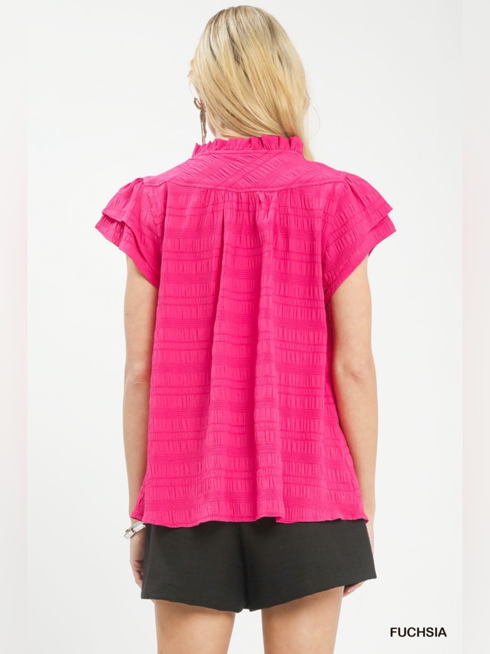 Umgee Textured Flutter Sleeve Split Neck Top - Picture 3 of 6